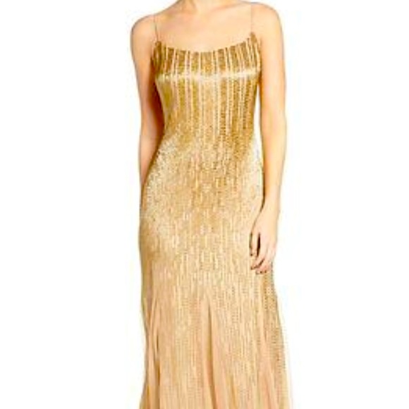 Adrianna Papell Gold Champagne Spaghetti Strap Ombre Beaded Gown - Picture 1 of 4